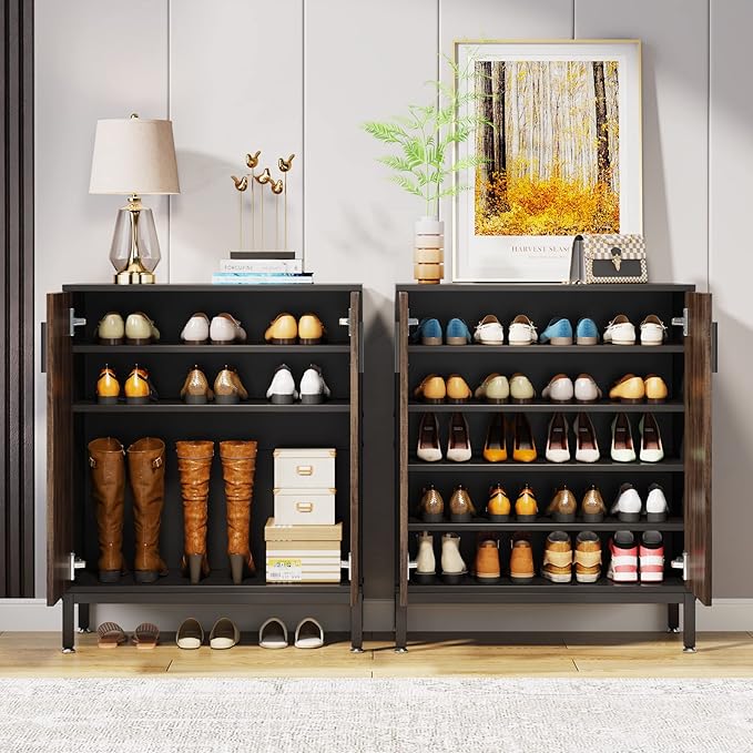 LITTLE TREE Shoe Cabinet with Doors, 20 Pairs Entryway Shoe Storage Cabinet Modern Storage Organizer for Closet, Living Room, Bedroom (Brown/Black)