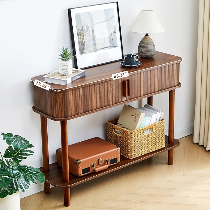 RARZOE Console Table with Storage, Fluted Entryway Table with Sliding Door&Open Shelf, Sofa Table Behind Couch, Mid-Century Modern Accent Table for Hallway, Entrance, Foyer, Fully Assembled(Walnut)