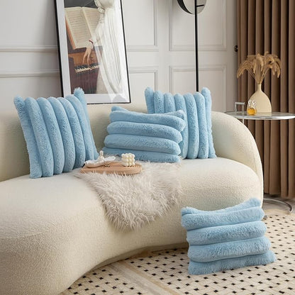 Neelvin Blue Faux Fur Cozy Soft Striped Decorative Throw Pillow Covers 24x24 inch Set of 2,Velvet Pillowcase Cushion Case for Sofa Couch