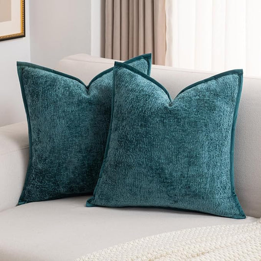 FUTEI Teal Chenille Throw Pillow Covers 22x22 Inch Set of 2,Soft Cozy Bound Edge Design Cushion Case,Home Decor for Couch Bed Living Room