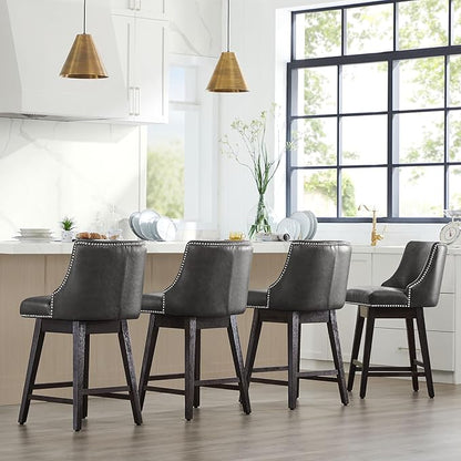 CHITA Counter Height Swivel Bar Stools Set of 4, FSC Certified Upholstered Counter Stools, Modern Swivel Barstools with Wood Legs for Kitchen Island, 26" Seat Height, Faux Leather in Retro Grey