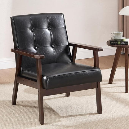 ANJ Mid Century Modern Accent Chairs, Set of 2, Black Faux Leather, Button Tufted with Wood Frame, Living Room Armchairs