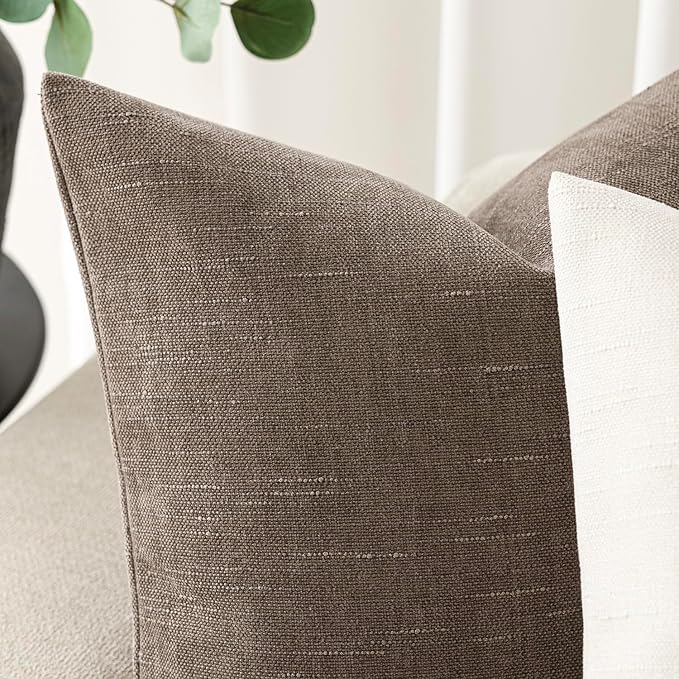 Foindtower Pack of 2 Soft Textured Chenille Throw Decorative Pillow Covers Square Accent Solid Cushion Cover Cozy Farmhouse Pillow Case with Zipper for Couch Sofa Bedroom Living Room 24x24 Inch, Taupe