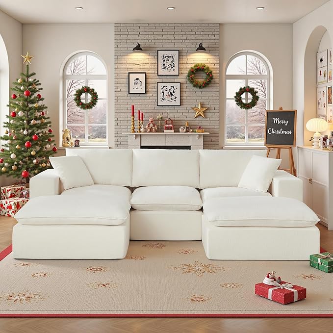108" Sectional Couches for Living Room Boneless Couch Upholstered Cloud Couch Sectional Modular Sectional Sofa with L Shaped (Chenille-White, 3 Seat+2 Ottoman)