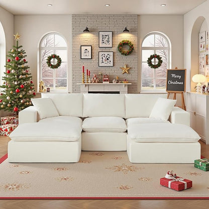 108" Sectional Couches for Living Room Boneless Couch Upholstered Cloud Couch Sectional Modular Sectional Sofa with L Shaped (Chenille-White, 3 Seat+2 Ottoman)