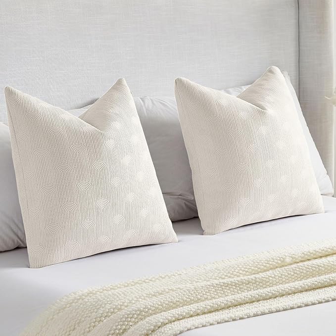 FUTEI Cream Chenille Decorative Throw Pillow Covers 12x20 Inch Set of 2,Soft Cozy Striped Geometric Patterns Lumbar Pillow Cases,Modern Home Decor for Couch Bed Living Room