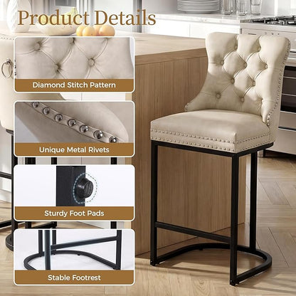 Counter Height Bar Stools Set of 3 for Kitchen Island, Modern Bar Stools with Backs, 26 Inch Barstools with Upholstered Faux Leather Seat and Metal Frame, Beige