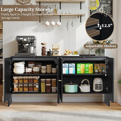 Fluted Sideboard Buffet Cabinet with Storage, 59'' Curved Buffet Cabinet with 4 Doors & Shleves, Modern Credenza Wood Coffee Bar Table Console for Dining Room Kitchen Living Room Entryway, Black