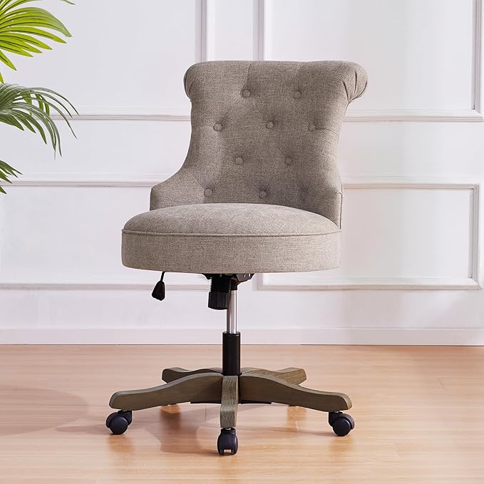 Home Office Chair Adjustable Height Swivel Chair with Wheels Linen Fabric Upholstered Computer Desk Chair with Wooden Legs Comfortable Armless Chair for Home Office Study Studio(Khaki)