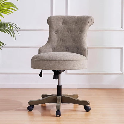 Home Office Chair Adjustable Height Swivel Chair with Wheels Linen Fabric Upholstered Computer Desk Chair with Wooden Legs Comfortable Armless Chair for Home Office Study Studio(Khaki)