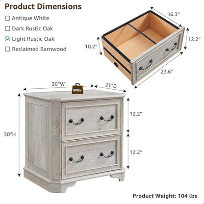 T4TREAM 2 Drawer File Cabinet-30 Wide Wooden Extended Desktop, Farmhouse Filing Cabinet with Smooth Rails, Holds Letter/Legal/A4, Hexagonal Design & Framed Drawer Fronts, Light Rustic Oak