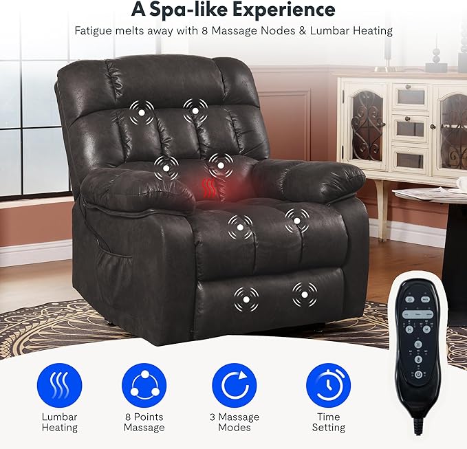 FLEXISPOT XL51 Dual OKIN Motor Power Lift Recliner Chair for Elderly, Lay Flat Electric Recliner with Massage & Heat, USB Ports, Faux Leather Reclining Sofa for Living Room Bedroom, Black