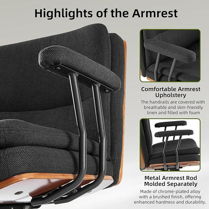 Criss Cross Chair with Armrests & Wheels, Linen Fabric Adjustable Swivel Walnut Task Chair with Wide Seat, Ergonomic Mid Back Computer Office Desk Chairs for Meeting Room, Home
