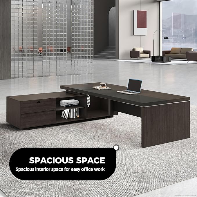 Reversible L Shaped Executive Desk with Lockable Drawers, Power Box & Cable Management, Dual-Tone Modern Wood Office Desk with Storage Cabinets & Privacy Panel for Home Office