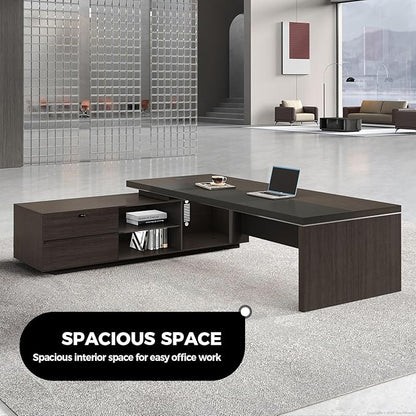 Reversible L Shaped Executive Desk with Lockable Drawers, Power Box & Cable Management, Dual-Tone Modern Wood Office Desk with Storage Cabinets & Privacy Panel for Home Office