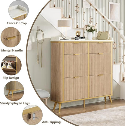 Fluted Shoe Storage Cabinet with 4 Flip Drawers & 2 Drawers, Freestanding Hidden Shoe Organizer with Adjustable Shelves, Wood Narrow Shoe Rack Cabinet for Entryway, Foyer, Hallway, Natural Oak