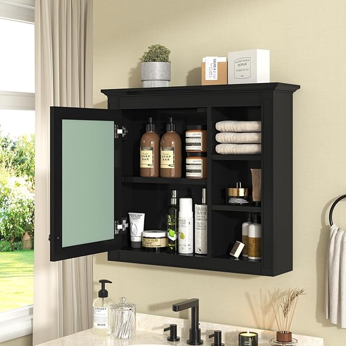 Bathroom Wall Cabinet with Mirror, 30'' x 28'' Medicine Cabinet with Mirror Door and Adjustable Shelves, Over Toilet Storage Cabinet, Wall-Mounted Bathroom Mirrors for Over Sink with Storage