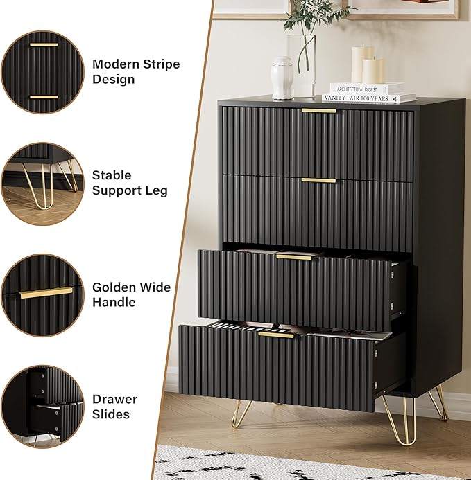 Black Dresser for Bedroom, Modern Wide Dresser with Gold Pulls and 4 Drawers for Bedroom, Closets, 15.7" D x 23.6" W x 37.4" H