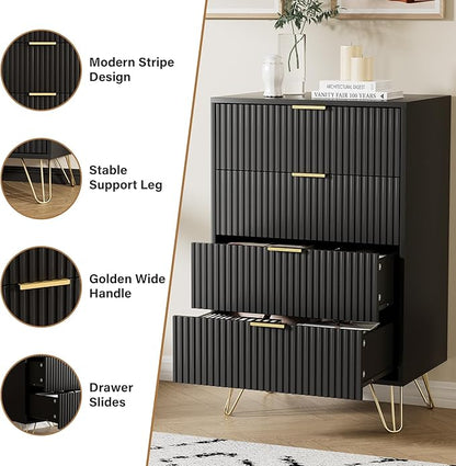 Black Dresser for Bedroom, Modern Wide Dresser with Gold Pulls and 4 Drawers for Bedroom, Closets, 15.7" D x 23.6" W x 37.4" H