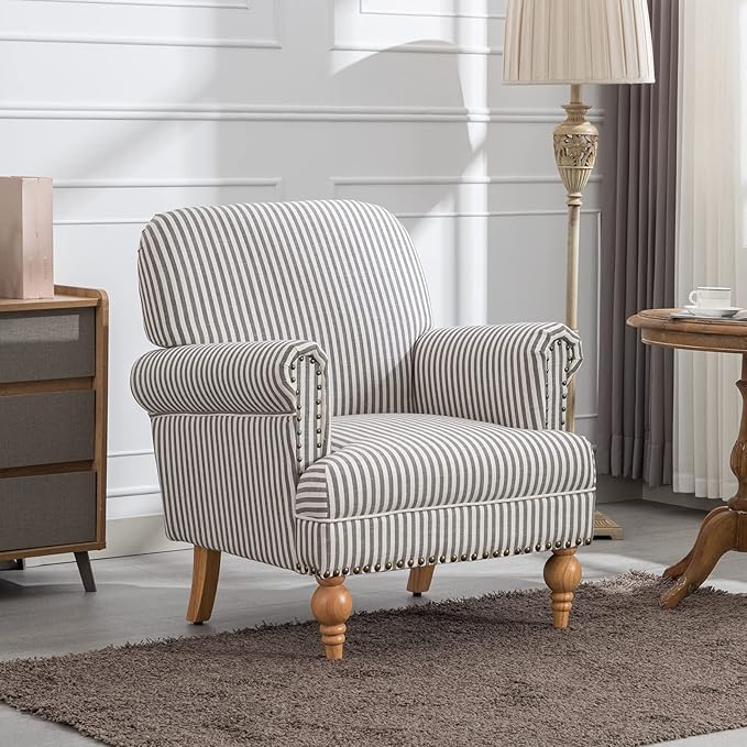 Linen Accent Chairs Set of 2 Mid-Century Modern Living Room Armchair with Nailhead Trim & Wood Legs Comfy Upholstered Single Sofa Chair for Lounge/Bedroom/Reception, Black Stripe