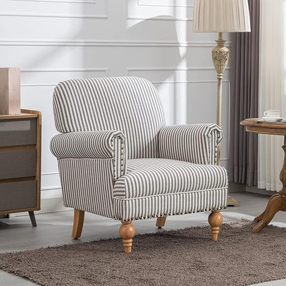 Linen Accent Chairs Set of 2 Mid-Century Modern Living Room Armchair with Nailhead Trim & Wood Legs Comfy Upholstered Single Sofa Chair for Lounge/Bedroom/Reception, Black Stripe