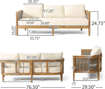 Christopher Knight Home Burchett Outdoor 3 Seater Sofa with Cushions - Acacia Wood and Round Wicker - Teak/Mixed Brown/Beige