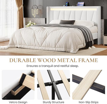 SHA CERLIN Full Size Bed Frame with Charging Station and LED Lights, Modern Velvet Platform Bed with Upholstered Geometric Wingback Headboard, No Box Spring Needed, Easy Assembly, White