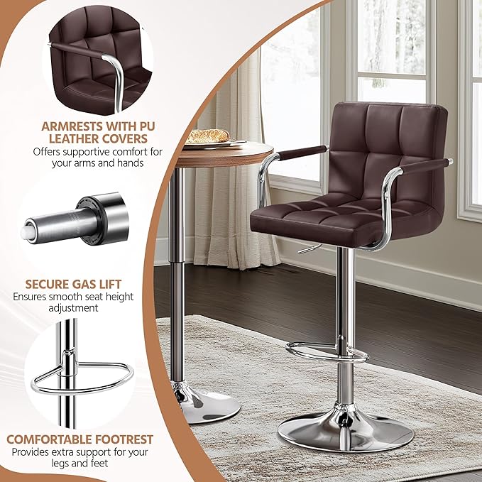 Yaheetech Bar Stools Set of 2, Adjustable PU Leather Swivel Barstools, Modern Counter Stools with Back and Footrest, Counter Height Barstools for Bar, Kitchen, Dining Room, Brown