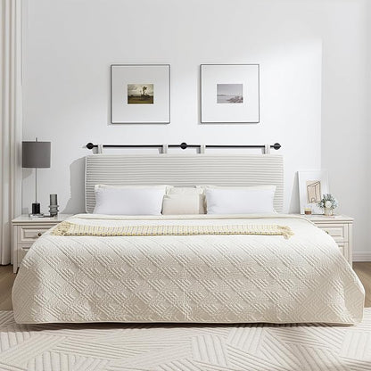 UEV Queen Headboard Only, Wall Mounted Hanging Upholstered Bed Head Board, Modern Vertical Channel Design of Fine Flannel, Elegant Beige Fluted Headboard for Bedroom (Beige, Queen Size)