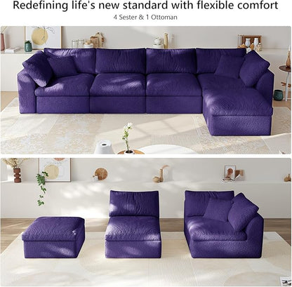 138" Boneless Cloud Couch Modular Sectional Sofa with Deep Seat for Living Room, L Shape Couch with Ottoman, Snowflake Cloth and 40D Memory Sponge，2 Throw Pillows (Purple, 4 Seater+1 Ottoman)