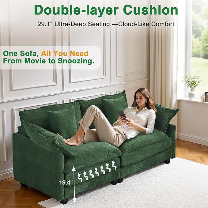 77" Cloud Chenille Sofa Set with Pillows, Deep Seat Loveseat Couch for Apartments, Space Saving 2-Seater with Solid Wood Frame, Easy Assembly (1YR Guarantee)