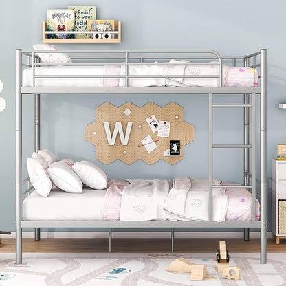 Merax Full Over Full Metal Bunk Bed with Ladder and high Guardrail, Able to Split, Storage Space, No Box Spring Needed, Noise Free, Silver