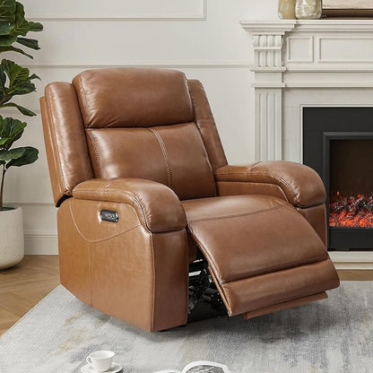 Watson & Whitely Oversized Genuine Leather Power Recliner Chairs for Big and Tall, Wall Hugger Recliner with Power Headrest & Charging Ports, Extra Large Reclining Chair for Living Room, Saddle Brown