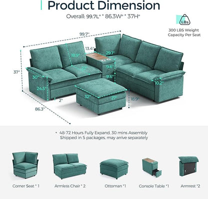 LINSY HOME Modular Sectional Couch Set, 99.7" V Shaped Cloud Sofa with Versatile Console, Chenille 5 Seater Sofa Set for Living Room, Apartment, Office, Grey
