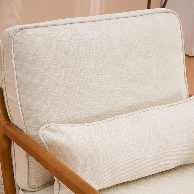Karl home Accent Chair Mid-Century Modern Chair with Pillow Linen Fabric Upholstered Lounge Arm Chair with Solid Wood Frame & Soft Cushion for Living Room, Bedroom, Balcony, Beige