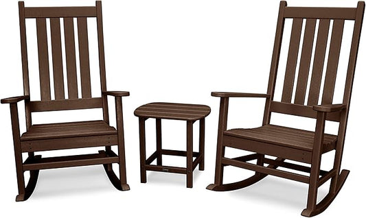 POLYWOOD Vineyard 3-Piece Rocking Chair Patio Set, Wide Outdoor Composite Rocking Chairs with Side Table, Mahogany Porch Rockers