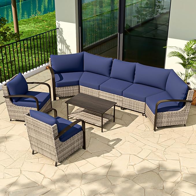 COOS BAY Aurora Terrace Half-Moon Outdoor Furniture Set, Rattan Conversation Set with Patio Chairs, Curved 5-Seat Sofa, Coffee Table, Seats 7, Beige/Blue