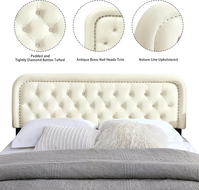 Tufted Upholstered Headboard,Button Solid Wood HeadBoards with Adjustable Height,Modern Performance Velvet Bed Head Boards,Easy Install&Nailhead (Beige, Full)