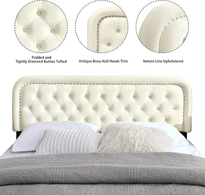 Tufted Upholstered Headboard,Button Solid Wood HeadBoards with Adjustable Height,Modern Performance Velvet Bed Head Boards,Easy Install&Nailhead (Beige, Full)