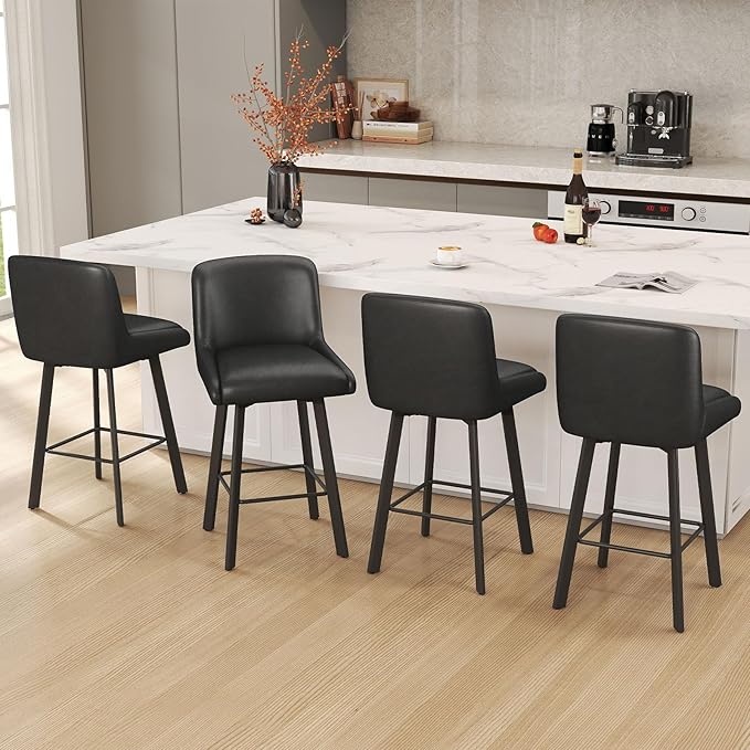 Swivel Bar Stools, 26''H Upholstered Barstools with Backs, Modern Counter Height Bar Stool Chairs for Kitchen Island, Metal Legs (Black- Faux Leather, Set of 6-26" H)