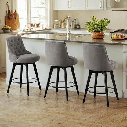 Watson & Whitely Counter Height Bar Stools Set of 3, Performance Fabric Upholstered Modern Swivel Barstool with Back, Solid Wood Legs, 26" H Seat, Flint Grey