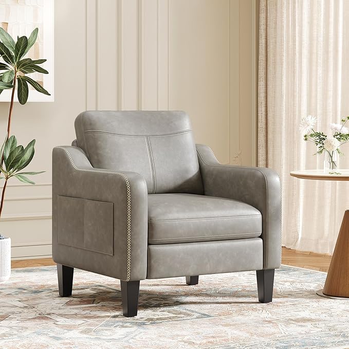 PU Leather Accent Chair, Mid-Century Modern Living Room Armchair Sofa with Removable Cushions, Solid Wood Frame & Stitched Armrest Design, Bedroom Chair with Plastic Legs, Grey