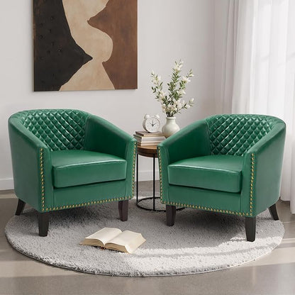 Pia Ricco Faux Leather Barrel Accent Chair, Modern Club Arm Chair Comfy Upholstered Single Sofa Chair with Solid Wood Legs and Nailhead Trim for Living Room/Reading Room (Green)