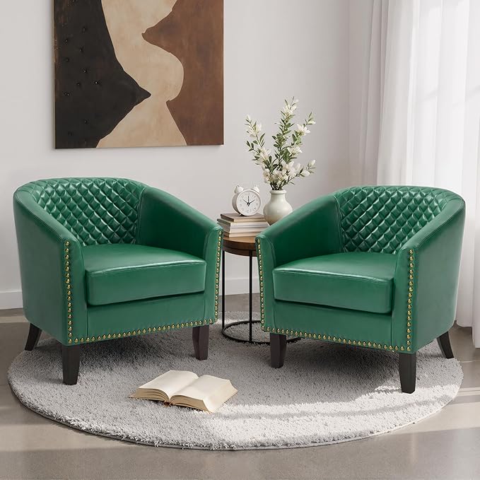 Pia Ricco Faux Leather Barrel Accent Chairs Set of 4, Modern Club Arm Chair Comfy Upholstered Single Sofa Chair with Solid Wood Legs and Nailhead Trim for Living Room/Reading Room, Green