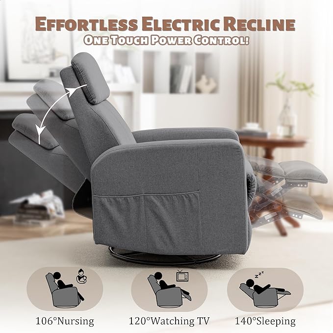 Power Swivel Recliner Chairs for Adults, Electric Glider Rocking Chair Nursery, Glider Recliner Nursery Chair with Classified Side Pocket, Nursery Rocking Chairs with USB and Type-C Ports