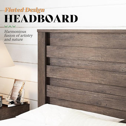 AMERLIFE Farmhouse Queen Size Bed Frame with 49" Fluted Headboard, Wood Platform Bed with Natural Grain, No Box Spring Needed, Noise Free, Grey