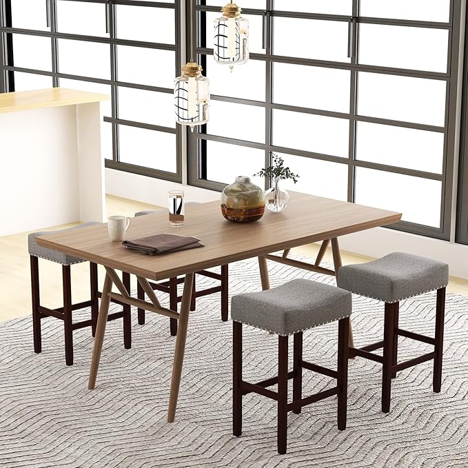 COSTWAY Counter Height Bar Stools Set of 2, 25-inch Backless Saddle Stools with Nailhead Trim, Rubber Wood Frame, Footrest, Max Load 330 Lbs, Upholstered Barstools for Kitchen Island Pub, Grey
