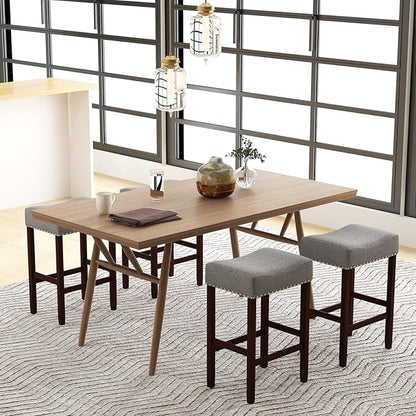 COSTWAY Counter Height Bar Stools Set of 2, 25-inch Backless Saddle Stools with Nailhead Trim, Rubber Wood Frame, Footrest, Max Load 330 Lbs, Upholstered Barstools for Kitchen Island Pub, Grey