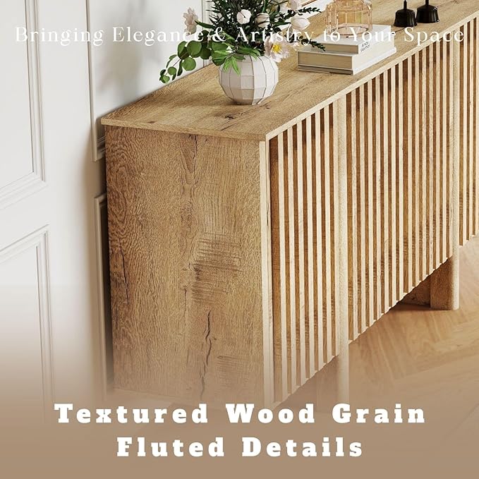 LukeAlon Fluted Sideboard Cabinet with Storage, 65" Farmhouse Accent Buffet Cabinet Credenza, Wooden Entryway Cabinets Long Console Table for Living Room Dining Room Hallway, Natural Wood Color