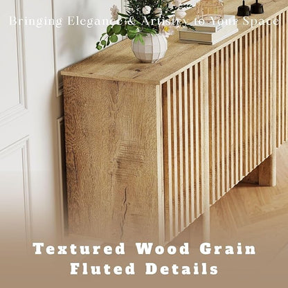 LukeAlon Fluted Sideboard Cabinet with Storage, 65" Farmhouse Accent Buffet Cabinet Credenza, Wooden Entryway Cabinets Long Console Table for Living Room Dining Room Hallway, Natural Wood Color